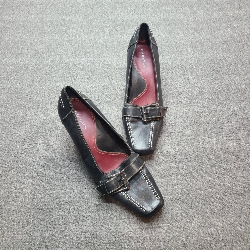 Maripé Women's Black‎ Leather Square Toe Block Heel Pumps Shoes Size 10M